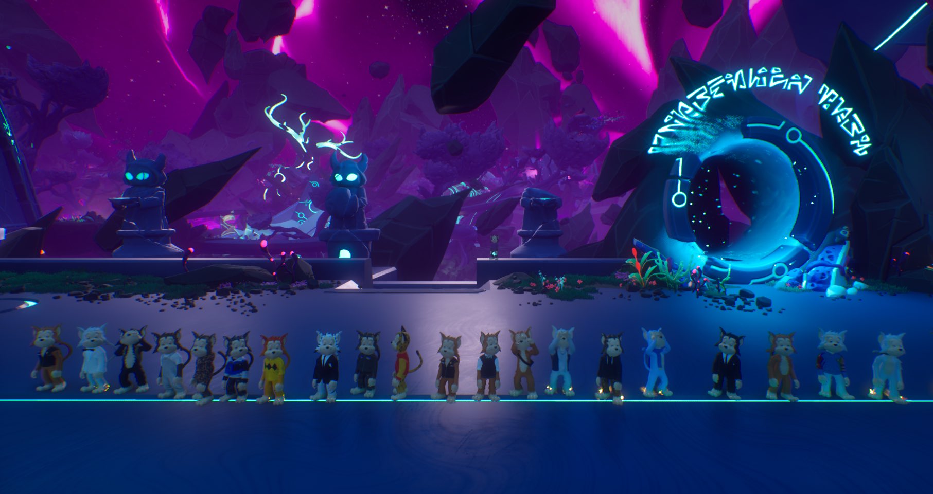 Fiendz community members lined up together during a Meowday event in Otherside